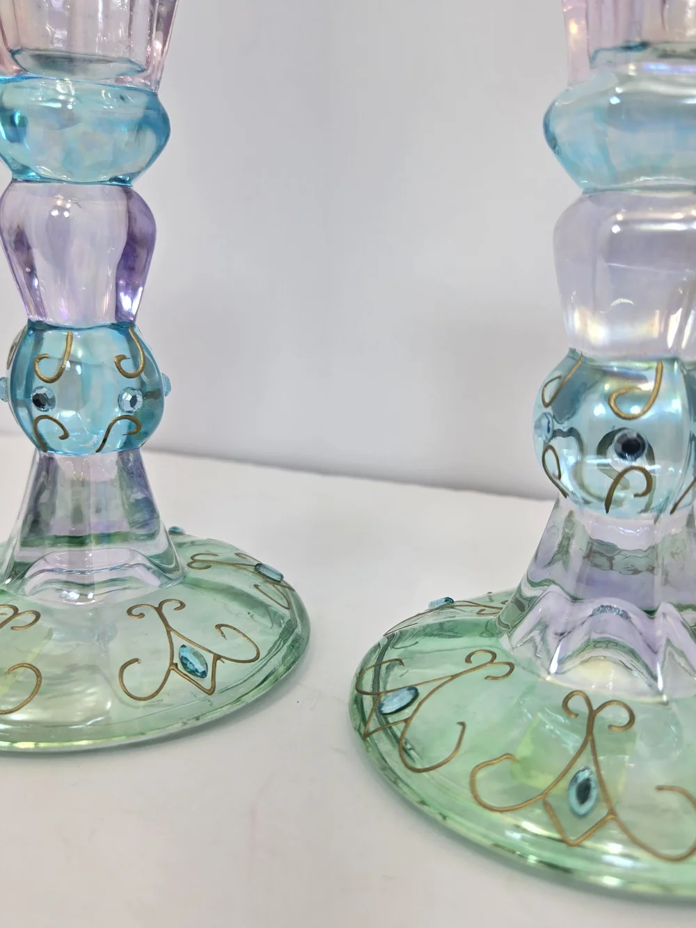 PartyLite Mardi Gras Taper Candle holder Pair Iridescent Purple, Blue, Green - Picture 3 of 5